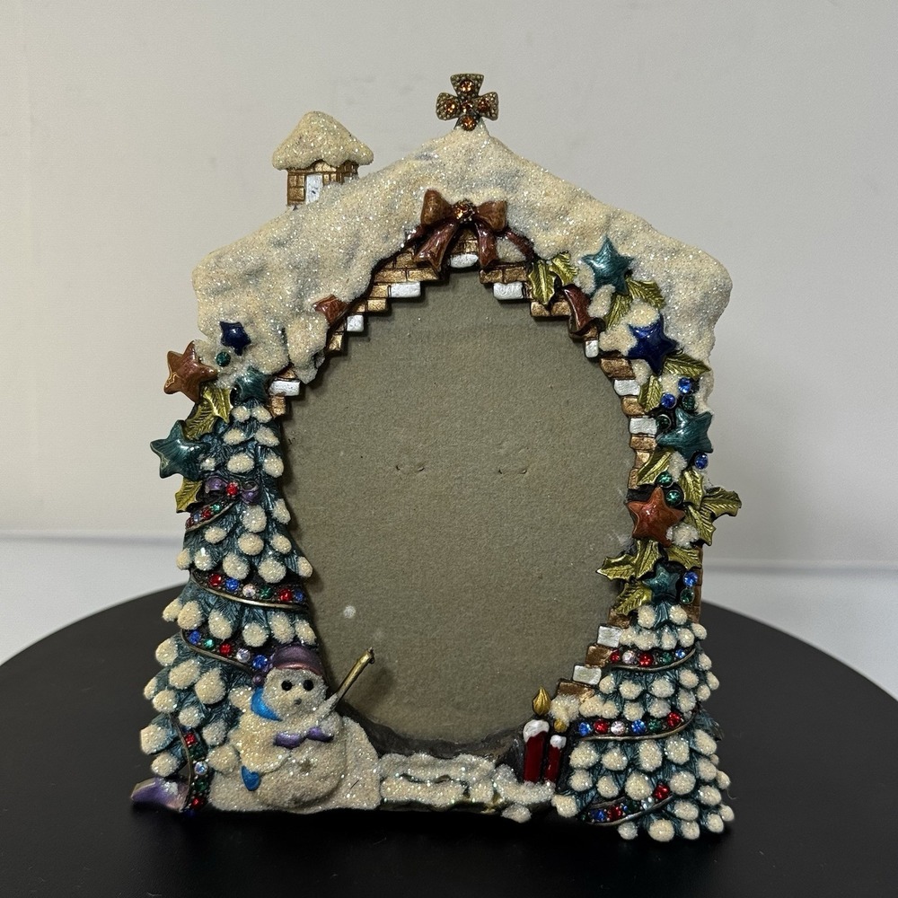 RUCINNI Christmas Tree House Snowman Jeweled Enamel Sparkling Picture Frame READ